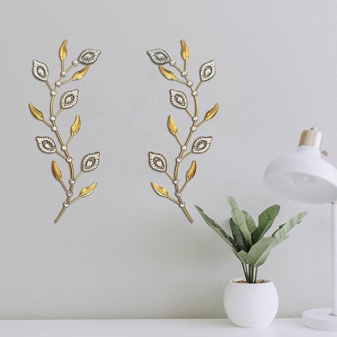 sxnzequnze 2 Pcs Metal Leaf Wall Art Crystal Bling Decorations Silver Leaves 3D Iron Handmade Home Decor Hanging Minimalist Accents Modern Set for Living Room Bathroom Bedroom Dining Room Hallway