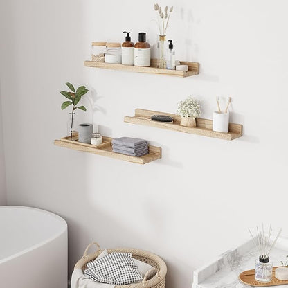 RICHFOCUS Floating Shelves for Wall, 24 inch Solid Wood Picture Ledge Shelf for Wall Storage, Nursery Book Shelves with Lip for Living Room Bathroom Bedroom Kitchen, Set of 3, Carbonized Black