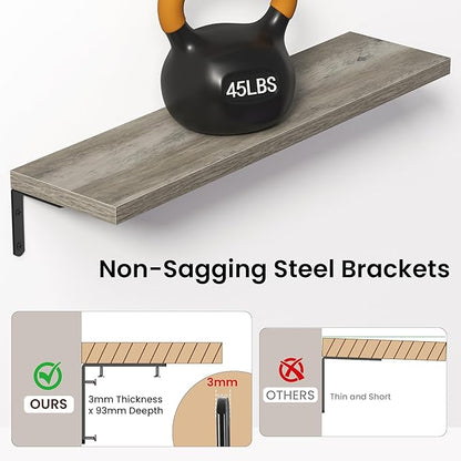 Marsmiles Extra Wide Floating Shelves for Wall, 32x8 Inch Natural Wood Grain Bookshelves, Heavy Duty Mounted Shelving for Bathroom, Kitchen, Living Room, Bedroom,Set of 2，Grey