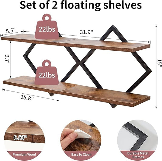 Set of 2 Floating Shelves Farmhouse Wall Shelves 2-Tier Decorative Hanging Shelves Wall Mounted Bathroom Shelves Wooden Wall Decor Shelf (Brown)