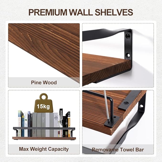 Uten Floating Shelves, Wall Shelf Outdoor, Bathroom Shelves for Wall, Towel Holder 8 Hooks, Kitchen Spice Rack, Storage Organiser Shelf for Bedroom, Bathroom, Living Room, Office