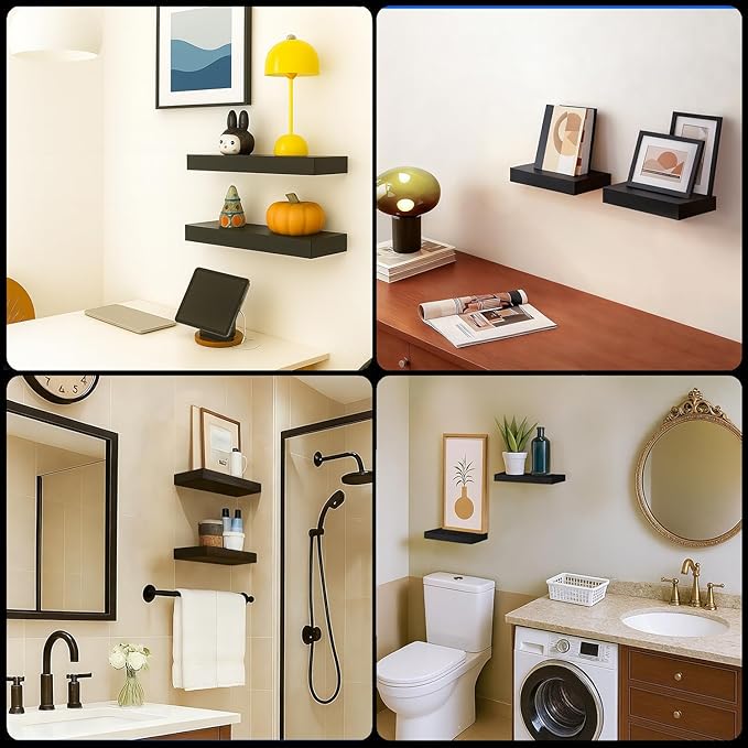 Floating Shelves Bathroom for Wall, Bathroom Shelves Over Toilet, Wall Shelves & Book Shelf, Hanging Shelf, Modern Wooden Wall-Mounted Small Floating Shelves, 12x7x1.5 in (Black, Set of 2)