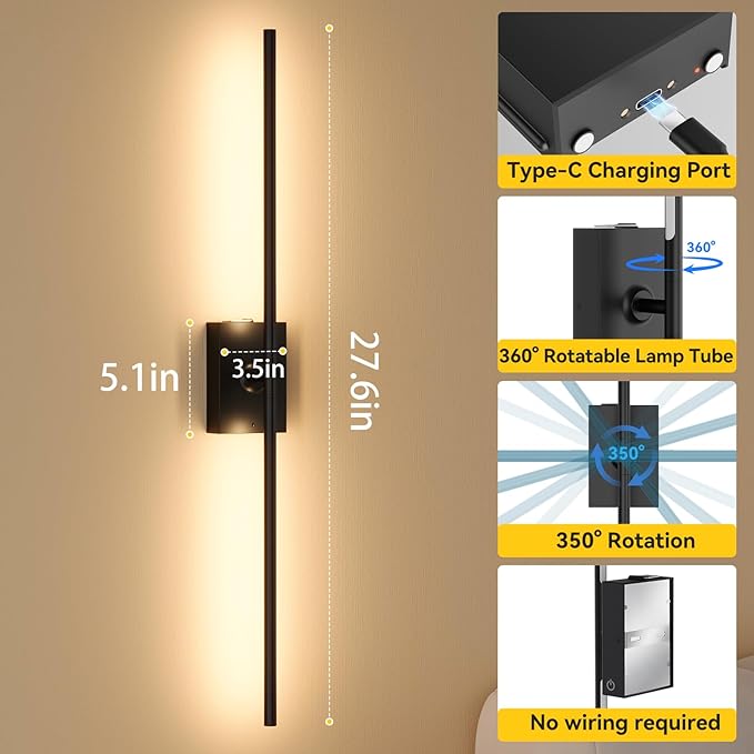 Ouyulong Battery Operated Wall Sconces Set of 2, 10000mAh Wireless Rechargeable 3000-6000K Dimmable 350° Rotate Wall Light with Remote for Living Room, Bedroom 27.6in Black