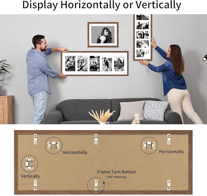 puthiac 8x24 Oak Wood Picture Frame - 8x24 Photo Frame with Mat Display 5Pcs 4x6 Photos, 4x6 Picture Frame Wood, Natural Solid Wooden Picture Frames for Wall Art Decor(1 Pack, Walnut)