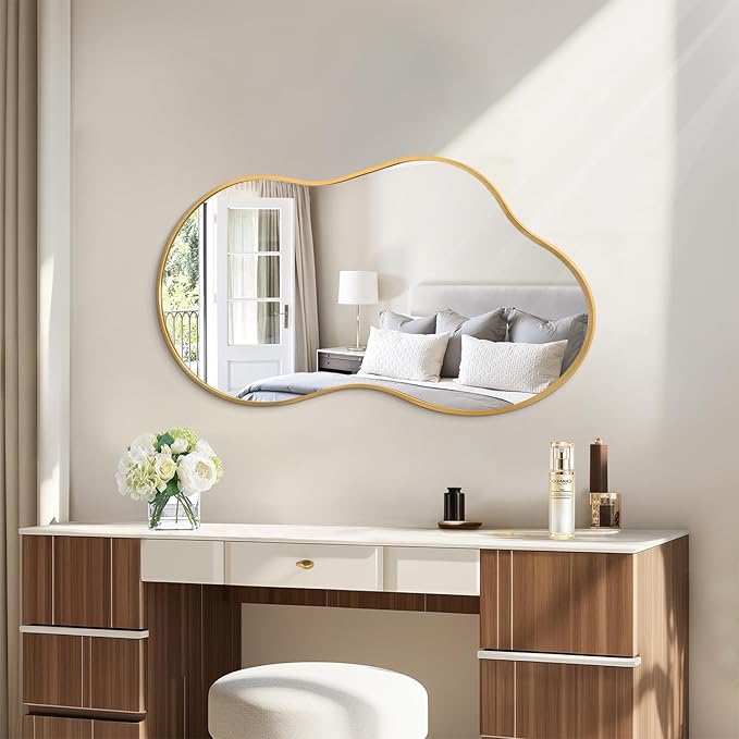 JJUUYOU Wall Mirror Irregular Metal Framed Decorative Gold Mirrors Large 20"x36" Asymmetrical Modern for Bedroom Living Room Entryway Hallway Hanging Home Decor
