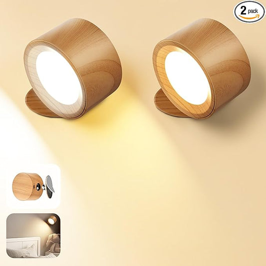 Wall Mounted Lamp LED Wall Lights with Rechargeable Battery Operated, 3 Color Temperatures & 3 Brightness Levels 360°Rotate Magnetic Ball, Cordless Sconces for Bedroom Reading Bedside,Wood-2 Pack