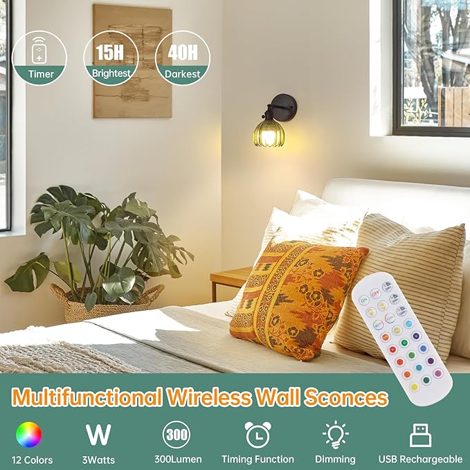 Vintage Battery Operated Wall Sconce with Green Tulip Glass Lampshade Rechargeable Battery Powered Black Wall Light with Remote Control for Bedside Bedroom Doorway