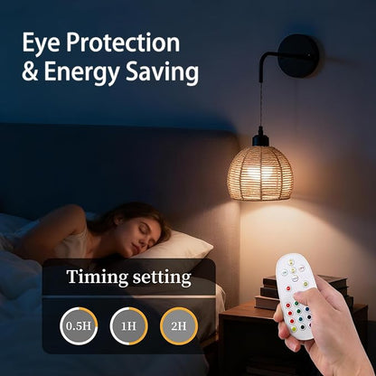 Boho Wall Sconce with Remote,Rattan Battery Operated Wall Sconces Set of 2,15 Colors Dimmable Wireless Wall Light Indoor,Rechargeable Battery Wall lamp for Bedroom, Living Room, Entryway