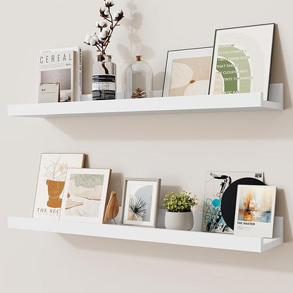 Heimlove Picture Ledge Shelf,24 inch Long Floating Shelves for Wall Set of 2,White Picture Shelf with Lip for Wall Decor,Living Room,Bedroom,Bookshelf,Nursery,Perfume