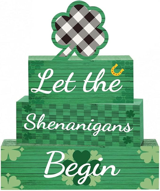 4 Pcs St Patricks Day Decorations for Home St. Patricks Day Tiered Tray Decor Let The Shenanigans Begin Sign Farmhouse Decor for Home Office Kitchen Shelf Tabletop Centerpieces