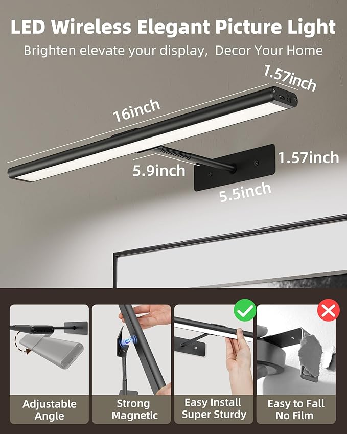 EZVALO Picture Light for Wall, 16'' Black Rechargeable 4800mAh Battery Lights Wireless with IR Remote, Magnetic LED Art Painting Light with 3 Color Temperatures, Display for Gallery, Living Room(2P)