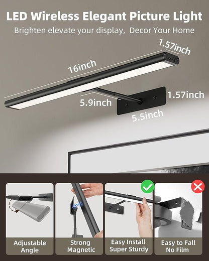EZVALO Picture Light for Wall, 4800mAh 16'' Rechargeable Wireless with IR Remote Battery Lights for Painting, Dimmable Magnetic LED Art Display Light, Colors Temperatures, for Gallery, Living Room