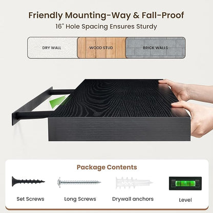 72 Inch Floating Shelves | 12 Inch Deep Black Floating Shelves Set of 2 | 72" W x 12" D Rustic Black Wood Wall Shelves for Bathroom Living Room Kitchen Laundry Room