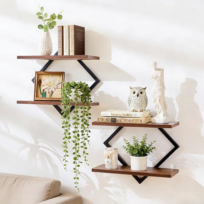 Set of 2 Floating Shelves Farmhouse Wall Shelves 2-Tier Decorative Hanging Shelves Wall Mounted Bathroom Shelves Wooden Wall Decor Shelf (Brown)