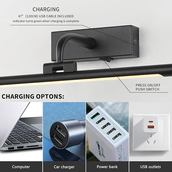 Wireless Picture Light for wall Battery Operated Rechargeable Art Lights Dimmable Painting Lights Black Gallery Light with Remote Wall Lights for Display, Artwork, Portrait (15.94Inch)