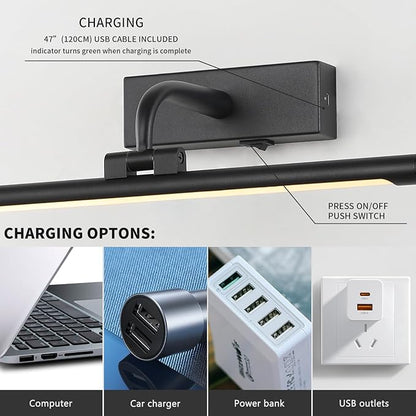 Wireless Picture Light for wall Battery Operated Rechargeable Art Lights Dimmable Painting Lights Black Gallery Light with Remote Wall Lights for Display, Artwork, Portrait (15.94Inch)
