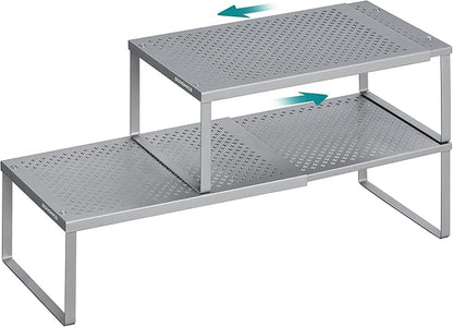 SONGMICS Spice Racks, Set of 2 Expandable Kitchen Countertop Shelves, Small Cupboard Organizers, Metal, Space-Saving Tabletop Shelves, Silver UKCS402FG01