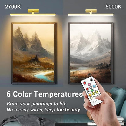 Mocalido 2 Pack Gold Picture Light Battery Operated for Wall 16in, 6 Colors Wireless LED Art Light for Painting with Remote, 5200mAh Dimmable Frame Lights for Gallery Library