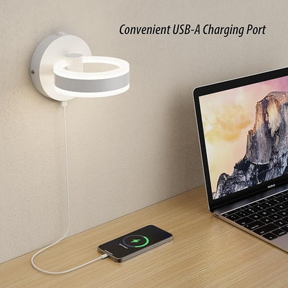 LED Wall Sconces Set of Two with ON/Off Switch, White Rotatable Hardwired Wall Light Fixtures, Built in USB Charging Port, Modern Wall Decor for Bed Lighting.