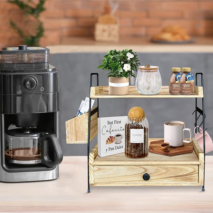 Coffee Bar Accessories and Organizer Countertop, Coffee Station Organizer Kitchen Counter Shelf, Condiment Storage,Cup Lid Holder Countertop Shelf for Bathroom