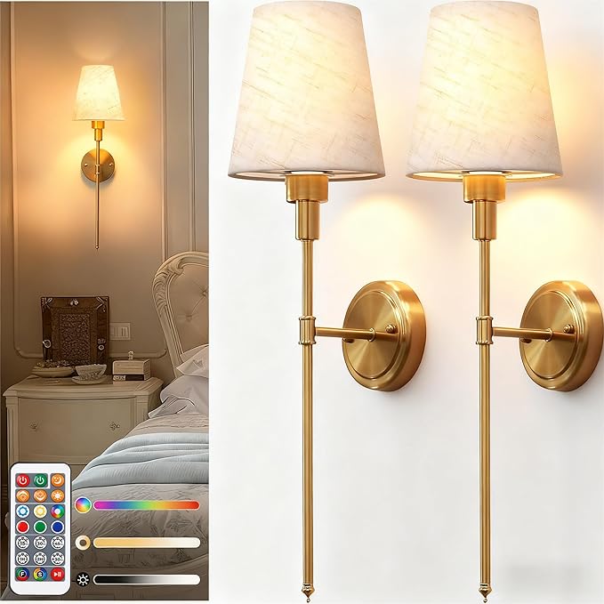 DORESshop Battery Operated Wall Sconce Set of 2, 7 Color Wireless Wall Light Easy to Install, Sconce Wall Decor Set of 2 for Bedroom, Living Room, Fabric Linen Shade, Gold, 24.6in