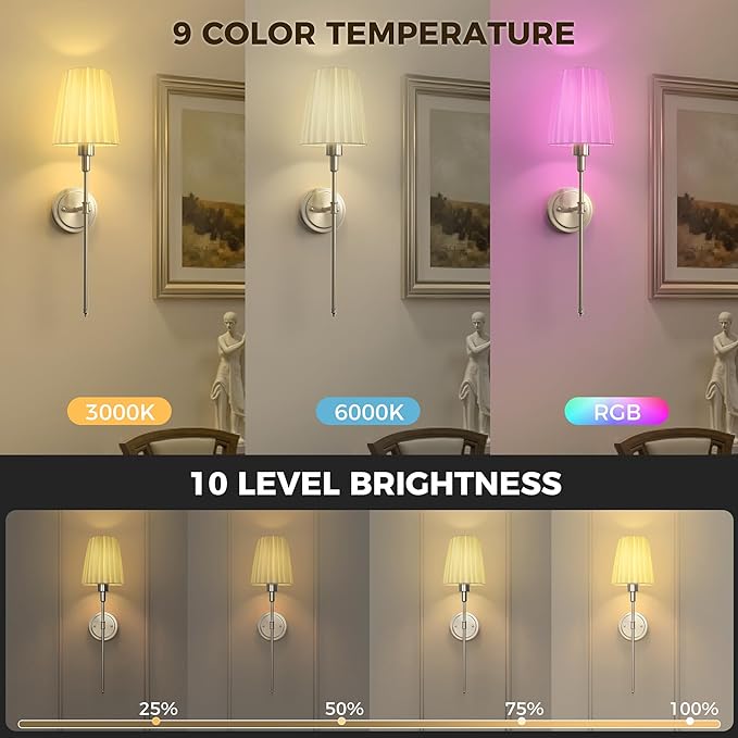 DORESshop Battery Operated Wall Sconce Set of 2, 10 Color Wireless Wall Light Easy to Install, Sconce Wall Decor Set of 2 for Bedroom, Living Room, Pleated Fabric Shade, Nickel, 24.6in