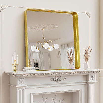 Koonmi Gold Wall Mirror for Bathroom, 29x29 Inch Matte Deep Framed Rounded Rectangle Vanity Mirror for Farmhouse Living Room, Tempered Glass, Anti-Rust, Vertically or Horizontally