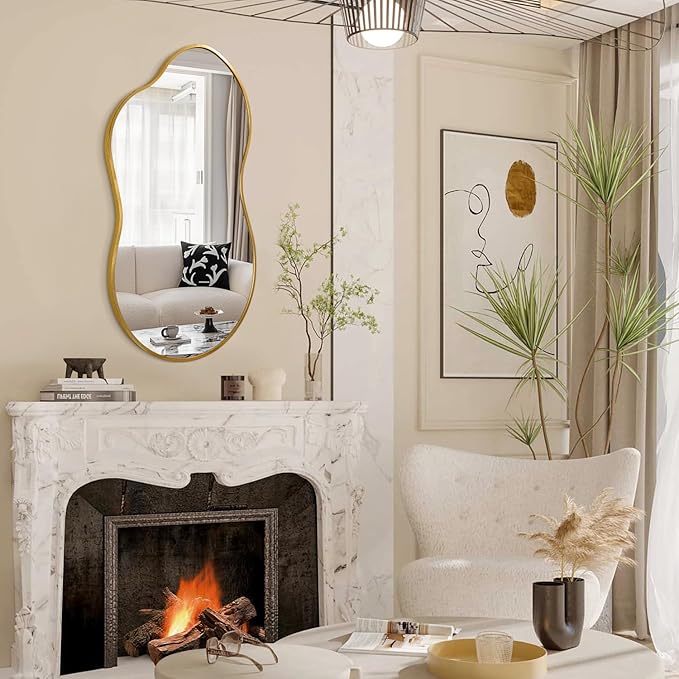 JJUUYOU Wall Mirror Irregular Metal Framed Decorative Gold Mirrors Large 20"x36" Asymmetrical Modern for Bedroom Living Room Entryway Hallway Hanging Home Decor