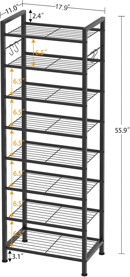 usikey 8 Tiers Narrow Shoe Rack 16-24 Pairs, Sturdy Metal Tall Shoe Rack with 4 Hooks, Slim Shoe Storage Organizer with Metal Shelf, Space Saving Vertical Shoe Shelf for Entryway Black UNYXJX016H