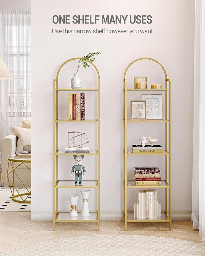 Bookcase Bookshelf, Tempered Glass Bookshelves, Slim Shelving Unit for Bedroom, Bathroom, Home Office, Steel Frame, 6 Tier Gold BC10601G