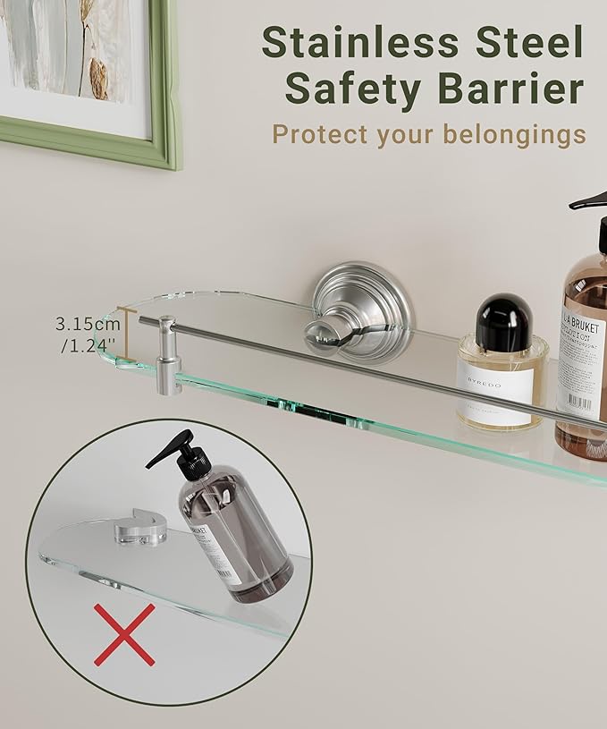 20inch Glass Shelf for Bathroom, Brushed Nickel Bathroom Glass Shelves Wall Mounted, Stainless Steel Floating Glass Shelves Modern