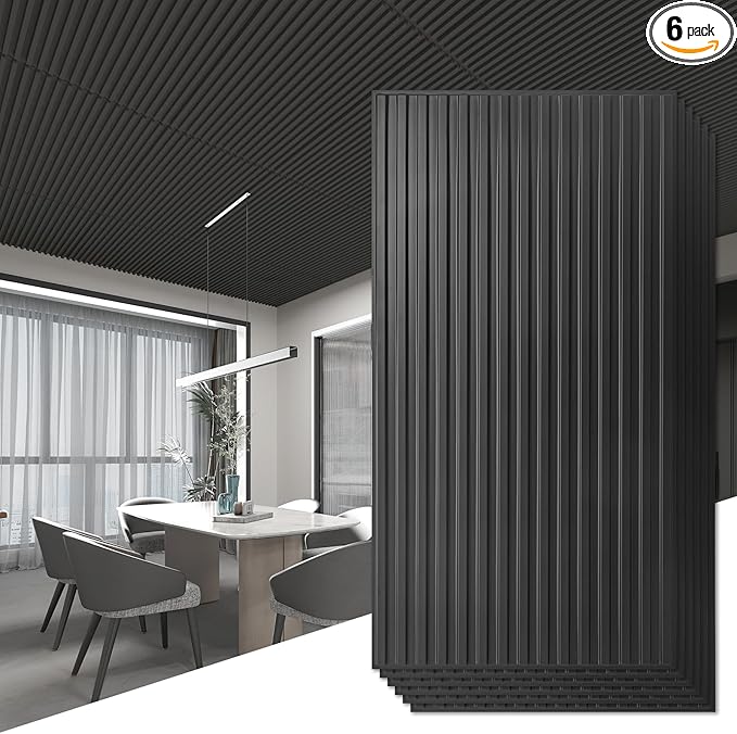 Art3d 6-Pack Slat Design 3D Wall Panels for Interior Wall Decor, 2x4 FT PVC Decorative Drop Ceiling Tiles - Black