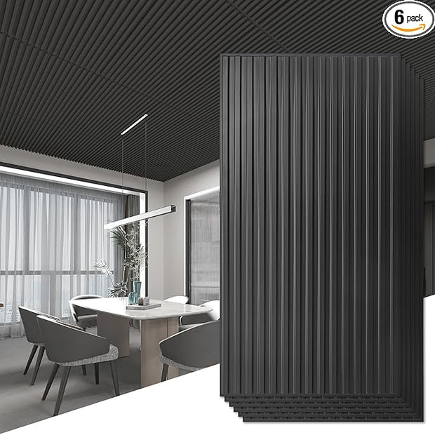 Art3d 6-Pack Slat Design 3D Wall Panels for Interior Wall Decor, 2x4 FT PVC Decorative Drop Ceiling Tiles - Black