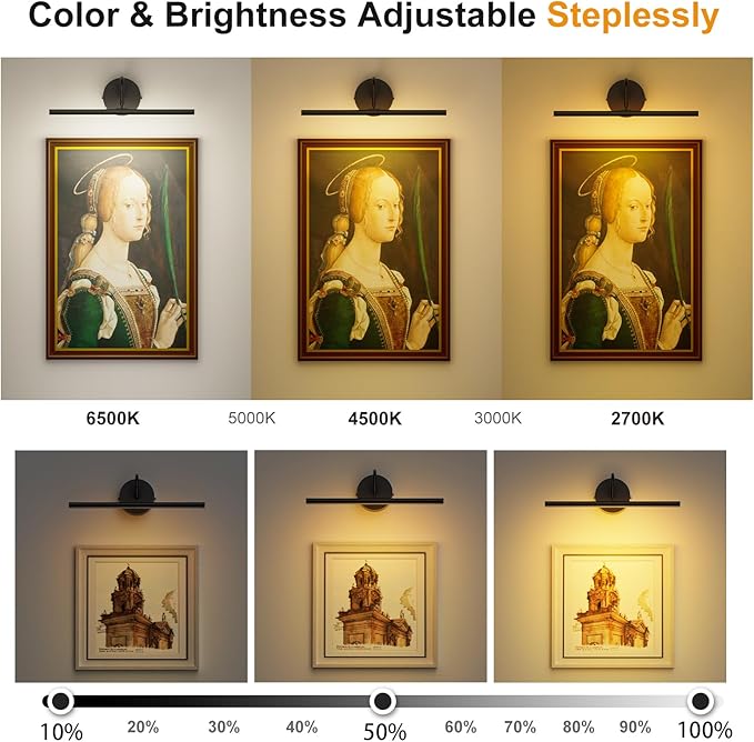 Hardwired Picture Lights for Wall 23.9" Dimmable 3CCT Frame Lights for Wall with Remote, 15W Gallery Artwork Light for Paintings Poster, 2700K-6500K Warm Nature White, 1200LM, Black