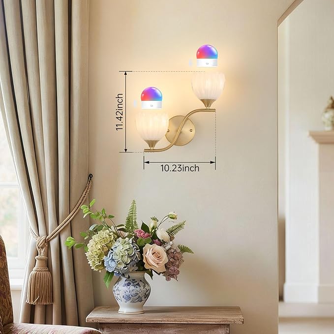 Battery Operated Wall Sconce, 2-Lights Vinatge Brass Wall Lighting with White Tluip Shade Rechargeable Bulb with Remote for Living Room, Bedroom，Symmetrical 2 Pack