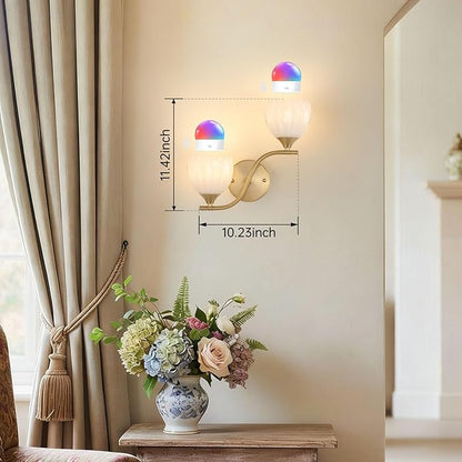 Battery Operated Wall Sconce, 2-Lights Vinatge Brass Wall Lighting with White Tluip Shade Rechargeable Bulb with Remote for Living Room, Bedroom，Symmetrical 2 Pack