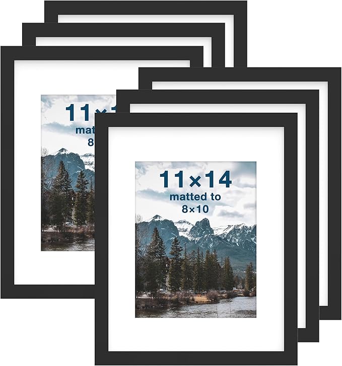 FrameWorks 11x14 mat to 8x10 Classic Wooden Picture Frames Tempered Glass/Black / 6-Pack