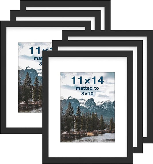 FrameWorks 11x14 mat to 8x10 Classic Wooden Picture Frames Tempered Glass/Black / 6-Pack