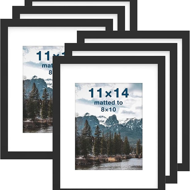 FrameWorks 11x14 mat to 8x10 Classic Wooden Picture Frames Tempered Glass/Black / 6-Pack