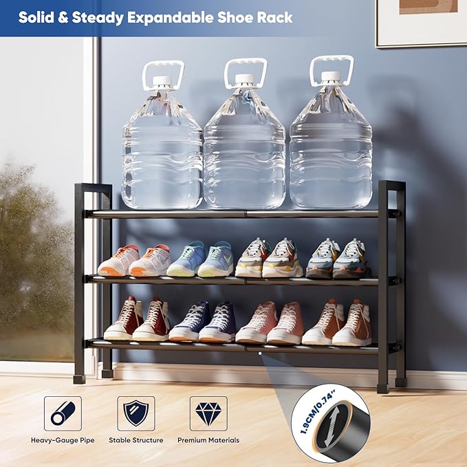 Abiglifty 3-Tier Expandable Shoe Rack,17"-33" Adjustable Shoe Rack for Closet,Metal Shoes Shelves for Front Door Entrance, Garage & Corridor, Free Standing Shoe Holders, Easy to Assemble,Black