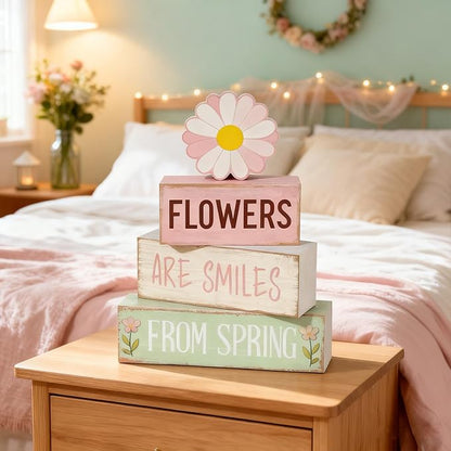 Spring Decoration Wooden Tiered Tray Decor – Daisy Flower Spring Stacked Block Sign – Farmhouse Tabletop Floral Spring Decor for Shelf Mantel Seasonal Home Display