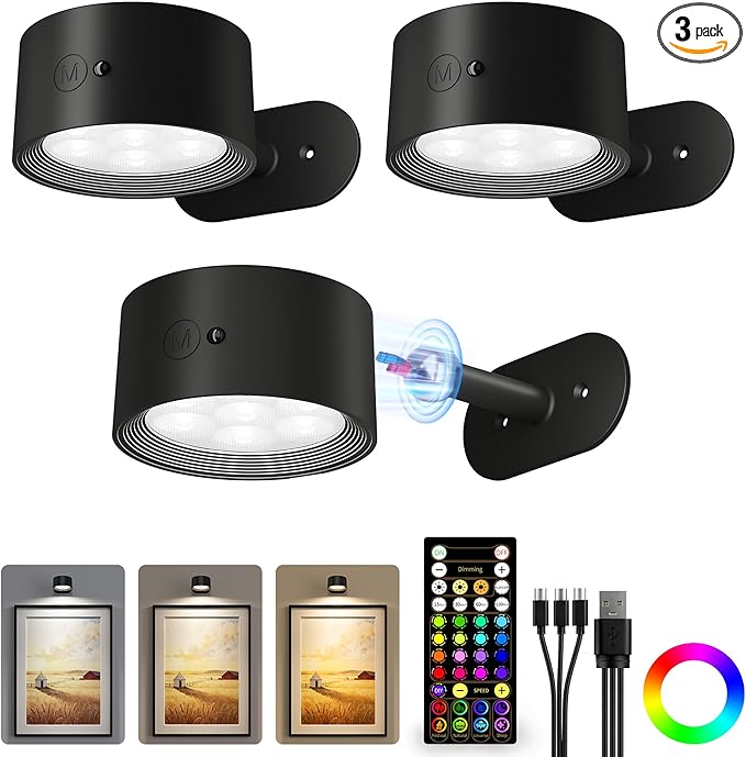 Picture Lights for Wall, 2000mAh Rechargeable Magnetic Art Lights with 3 Color Temps & RGB, Remote Dimmable Battery Operated Wall Light for Bedroom, Living Room, Gallery (Black, 3 Pack)