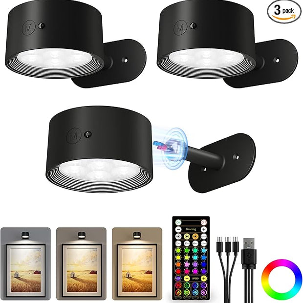 Picture Lights for Wall, 2000mAh Rechargeable Magnetic Art Lights with 3 Color Temps & RGB, Remote Dimmable Battery Operated Wall Light for Bedroom, Living Room, Gallery (Black, 3 Pack)