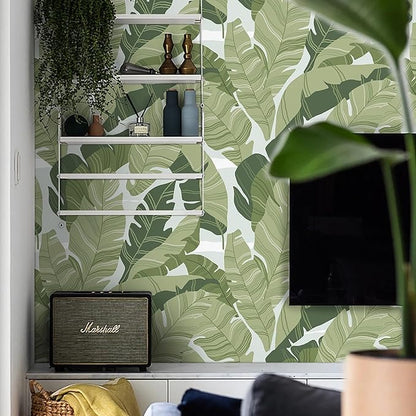 Peel and Stick Wallpaper Green Leaves Tropical Palm Wallpaper 16.1" × 197" Contact Paper Removable Self-Adhesive Wall Paper Decorative Shelf Drawer Liner Roll Waterproof