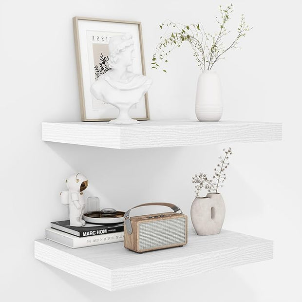 Fun Memories Floating Shelves - 2 Pack 12 Inch Deep Rustic Wooden Wall Shelves - Extra Deeper & Thicker Wall Mounted Storage Shelf for Living Room, Kitchen, Farmhouse - 16" W x 12" D x 1.5" H - White