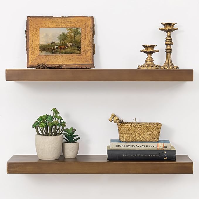 Marsmiles 24 Inch Wood Floating Shelves | Rustic Dark Wood Wall Shelves Set of 2 | 24