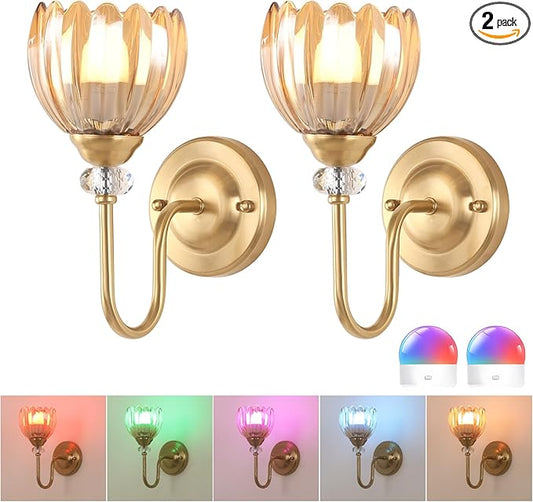 Set of 2 Vintage Battery Operated Wall Sconce, Rechargeable Wall Lamp with 5000mAh Battery & Remote Control, Dimmable Wall Lights with tulip shade for Bedroom Bathroom Living Room, (Tulip Amber Up)