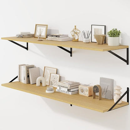 Fun Memories Floating Shelves for Wall, 12 Inch Deep Floating Shelves Set of 2, 55W x 12D Large Wall Shelf with Sturdy Metal Brackets for Living Room, Bathroom, Bedroom and Kitchen, Oak