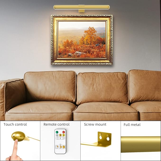 Battery Picture Lights 16 inch-2PACK , Wireless Rechargeable Painting Light for Art with Remote, Full Metal Led Picture Lights Dimmable Wall Light for Portraits, Dartboard, Gallery-Gold with Patent