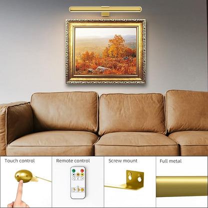 Battery Picture Lights 16 inch-2PACK , Wireless Rechargeable Painting Light for Art with Remote, Full Metal Led Picture Lights Dimmable Wall Light for Portraits, Dartboard, Gallery-Gold with Patent